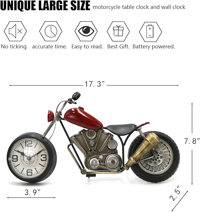 Vintage Motorcycle Desk Clock, Red, Battery Operated, 17.3 in L, 2.5 in W, 7.8 in H