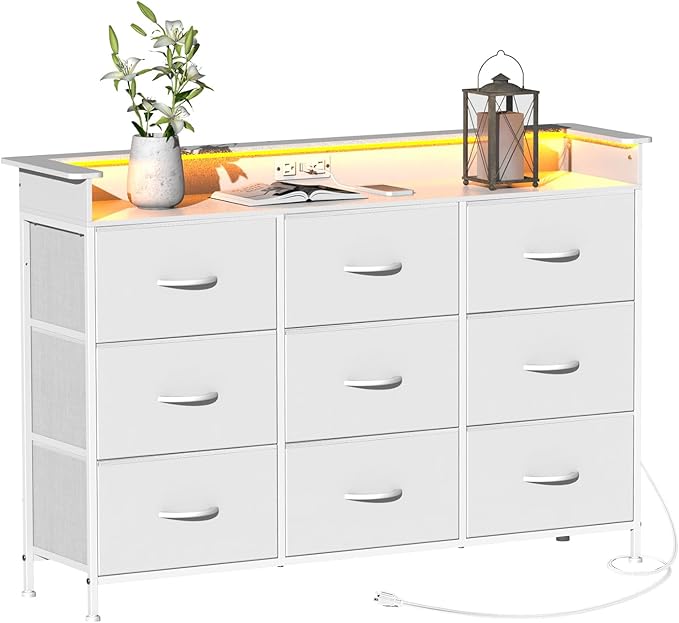 EXOTICA White Dresser with LED Light for Bedroom 9 Drawer Dressers with Charging Station Chests of Drawers for Entryway Closet Living Room Hallway Sturdy Steel Frame Wooden Top Easy Pull Handle
