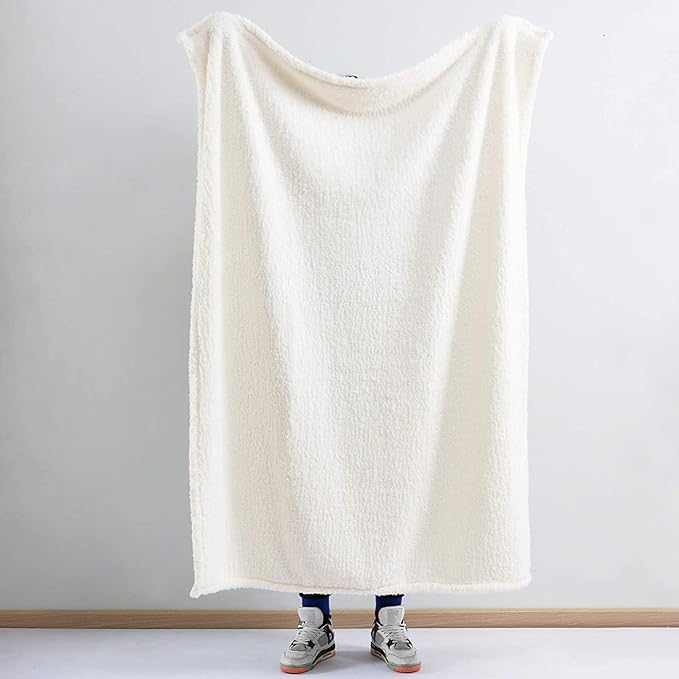 Ultra Soft Fleece Sherpa Blanket Queen Size, Lightweight Cozy Pattern Reversible Bed Blanket for All Season, Antique White, 90”x90”
