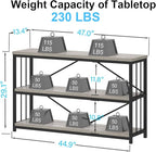 IBF 47" Gray 3 Tier Low Bookcase,Industrial Modern Short Horizontal Etagere Bookshelf, Simple Wide Open Rustic Metal and Wooden Book Shelf for Bedroom Living Room Home Office Storage, Light Grey Oak