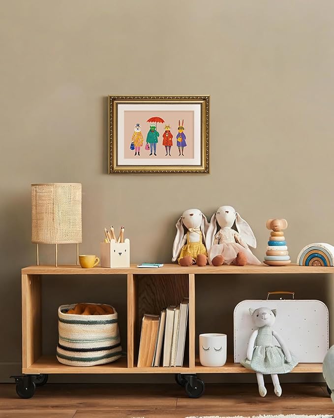 ARPEOTCY Framed Canvas Wall Art, 11x14 Whimsical Animal Family Illustration, Storybook Style Wall Decor for Nursery, Kids Room & Playroom