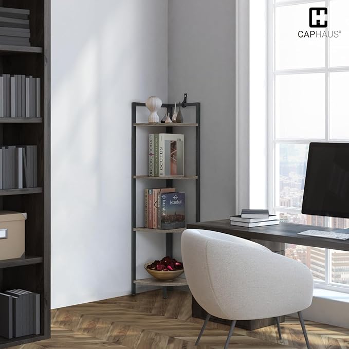 CAPHAUS 4 Tier Corner Shelf, 46.5-Inch Tall Bookshelf, Display Rack With Metal Frame, Round Shelf Unit, Small Stand for Bathroom, Living Room, Home, Office, Dark Grey