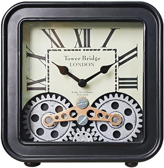 Vintage Steampunk Desk Clock, 6 Inch Metal Industrial Table Clock with Moving Gears, Silent Non-Ticking Quartz, Battery Operated Shelf Decor for Home Office Living Room（Black）