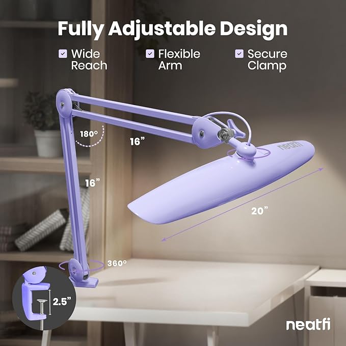 Neatfi XL Nail Desk Lamp with Clamp, 2200 Lumens, 20-Inch Wide Head, Dimmable 4 Levels, 3 Color Modes 3000K–6000K, LED Task Light for Manicure Table, Crafts, Workbench, Office (CCT, Lavender)