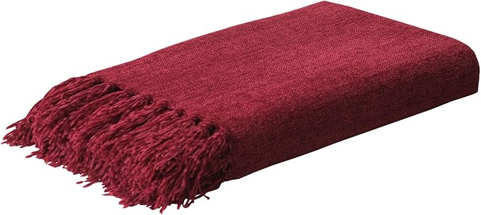 Burgundy Red Chenille Throw Blanket for Couch Bed，Soft Cozy Throw Blanket with Handmade Fringe, Decorative Blanket for Sofa Chair Living Room for Gift, (Burgundy Red)