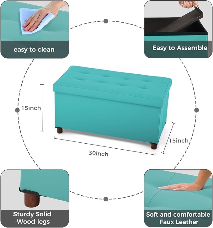 Ottoman Storage Bench for Living Room with Tray, Bedroom Foot Stool, Coffee Table Lid, End of Bed Faxu Leather 30" Inch (L-Green)