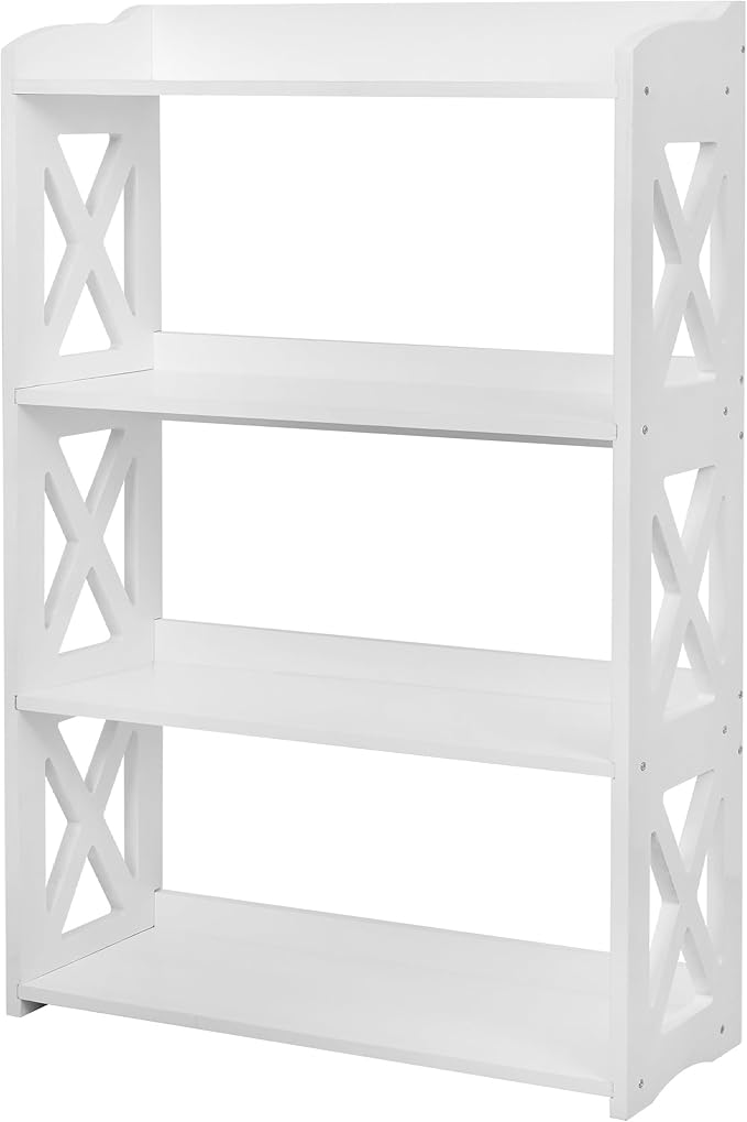 White Bookcase by Natural Wood, 4 Tier Bookshelf, Small Book Shelves Freestanding Display Storage Shelves. Open Bookshelf for Bedroom, Living Room and Office (White, 4 Tier)