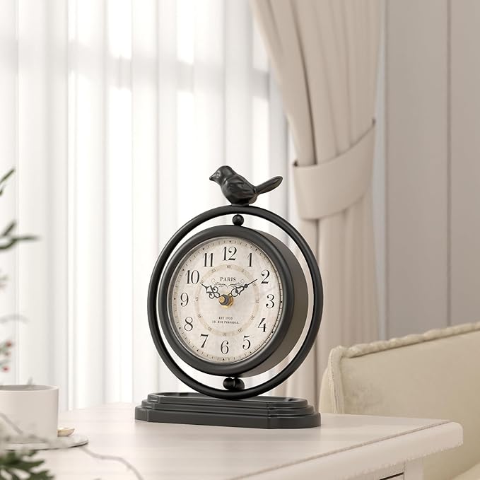 Black Vintage Table Clock with Bird, European Retro Style Mantel Clocks, Desk and Shelf Decor Clock, for Living Room, Farmhouse, Bedside, Bedroom, Gift (7.9" H x 6.3" W)