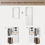 ROOMTEC Modular Closet System, 61" Wall-Mounted Closet Organizer with Drawers and Hanging Rods, Wooden Tower for Walk-In Closets, Wardrobe Storage Kit, White