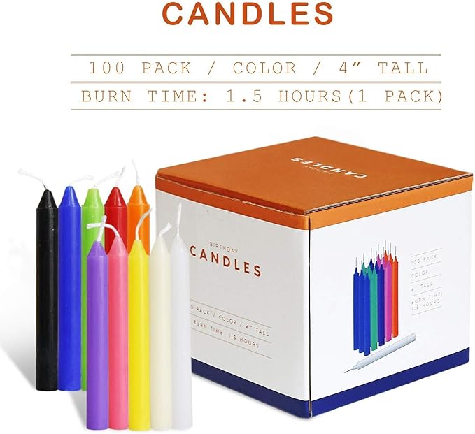 100 pcs Spells Chime Candles Unscented Assorted Colors Mini Taper Candles | 4" Tall x 1/2" Diameter | Great for Casting Chimes, Rituals, Spells