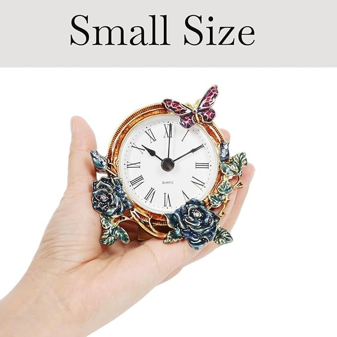 Mini Tabletop Clock, Decorative Vintage Floral Metal Table Clock with Battery Operated for Bedside, Table, Living Room, Home and Office