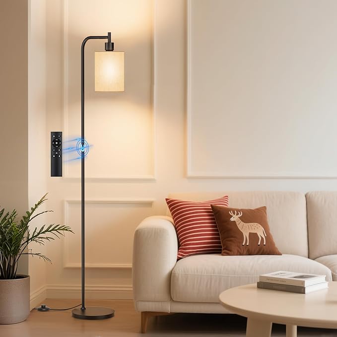 Floor Lamp with Linen Shade, Dimmable Tall Standing Lamp with Remote Control & 3 Color Temperatures, Modern Floor Lamps for Living Room Bedroom Office Corner, 9W LED Bulb Included