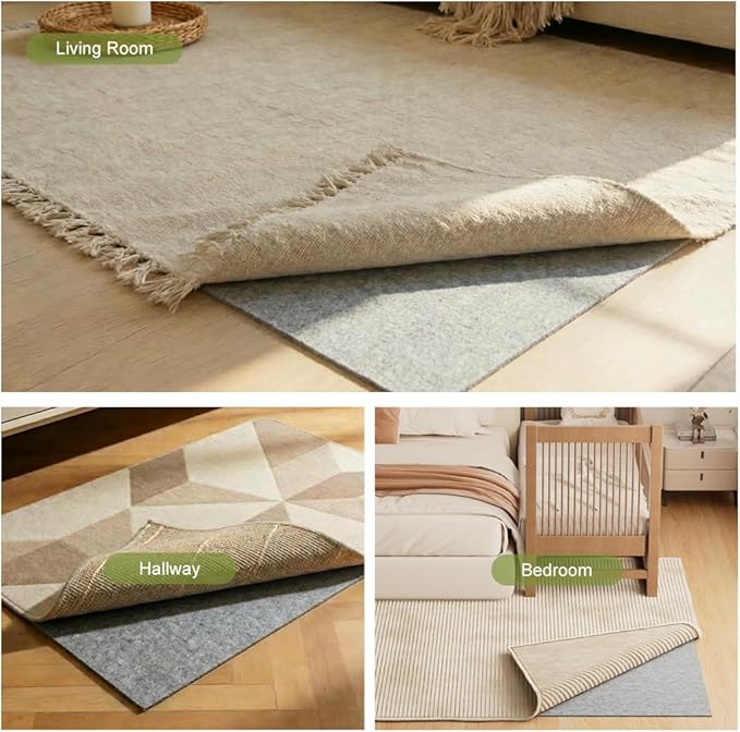 Felt Rug Pad with Gripper Dots, 5x7 Ft Non-Slip Rug Underpad with PVC Backing, 1/6" Thick Cushioned Carpet Pad Gripper for Hardwood Floors, Vinyl & Tile, Under Rug Padding Floor Protection