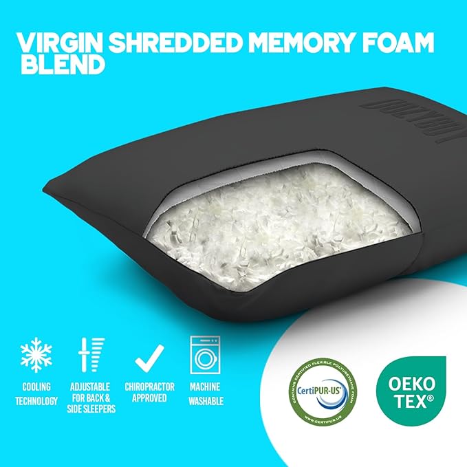 Fluff and Stuff Comfort Pillow | Queen Size Memory Foam Pillows, Chiropractor Designed and Approved 2-in-1 Back Support and Bed Pillows | Fully Adjustable Pillow (Black, Queen (Pack of 1))