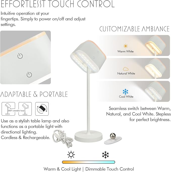 2 Pack Dual-Tone Rechargeable Cordless Desk Lamp – White Portable Table Light, Type-C Charging Table lamp, Touch Control, 3 Color Temps, Stepless Dimming for Reading Study Bedside