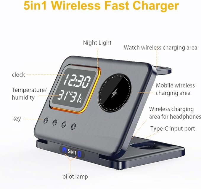 IHAO 5in1 Multi Functional Wireless Charger with Digital Clock 18W Fast Charge Night Light Temperature Display Magnetic Attraction Compliant for iPhone, Apple Watch and Qi Headphone-DH13 White