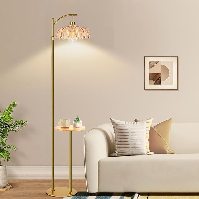Gold Floor Lamp with Table and Shelves for Living Room Bedroom,Glass Standing Lamp with Remote Dimmable,Boho Brass Tall Lamp Vintage Farmhouse Arc Flower Floor Light Bohemian