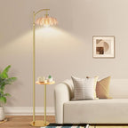 Gold Floor Lamp with Table and Shelves for Living Room Bedroom,Glass Standing Lamp with Remote Dimmable,Boho Brass Tall Lamp Vintage Farmhouse Arc Flower Floor Light Bohemian