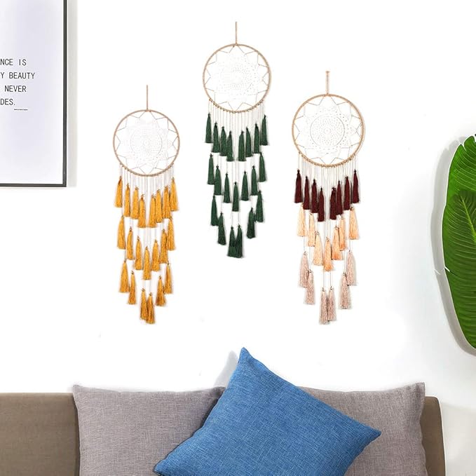 Artilady Macrame Dream Catchers for Bedroom - Tassel Wall Hanging Handmade Dreamcatchers Home Decor with Tassel Feather Ornament Craft Blessing Gift (Dark Green)