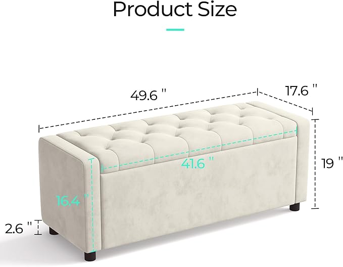 LINSY 50 Inches Wide Storage Ottoman Bench, Upholstered Foot Rest Stool, Long Bench Footstool, Couch Ottoman, Ottomans for Living Room, Entryway, End of Bed Storage Bench for Bedroom (Beige)