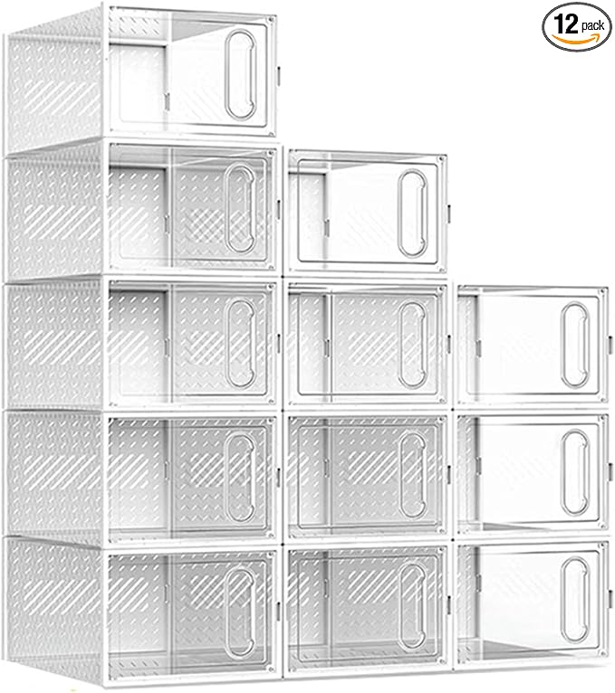 12 Packs Clear Plastic Shoebox With Magnetic Door, X-Large(15"× 13.2" × 5.6") Stackable Shoe Box Storage With Lids, Multifunctional Sneaker Containers, Toy Storage, Space-Saving Shoe Rack White