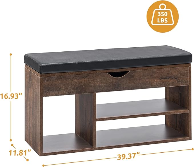 Apicizon 39 Inches Storage Bench, Shoe Bench with Flip Top Storage Space and Padded Cushion, Wooden Entryway Bench for Entryway, Living Room, 2-Tier Shoe Rack Organizer, Brown