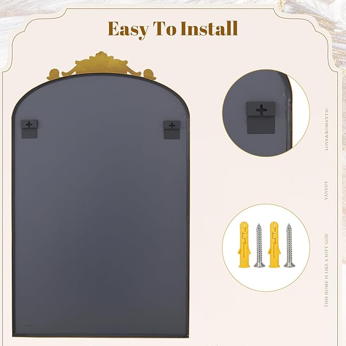 VooBang Vintage Arched Bathroom Mirror, 24x36 Inch Retro Wall Mounted Vanity Mirror with Carved Pattern Top and Metal Frame, Antique Decorative Mirror for Hanging or Leaning