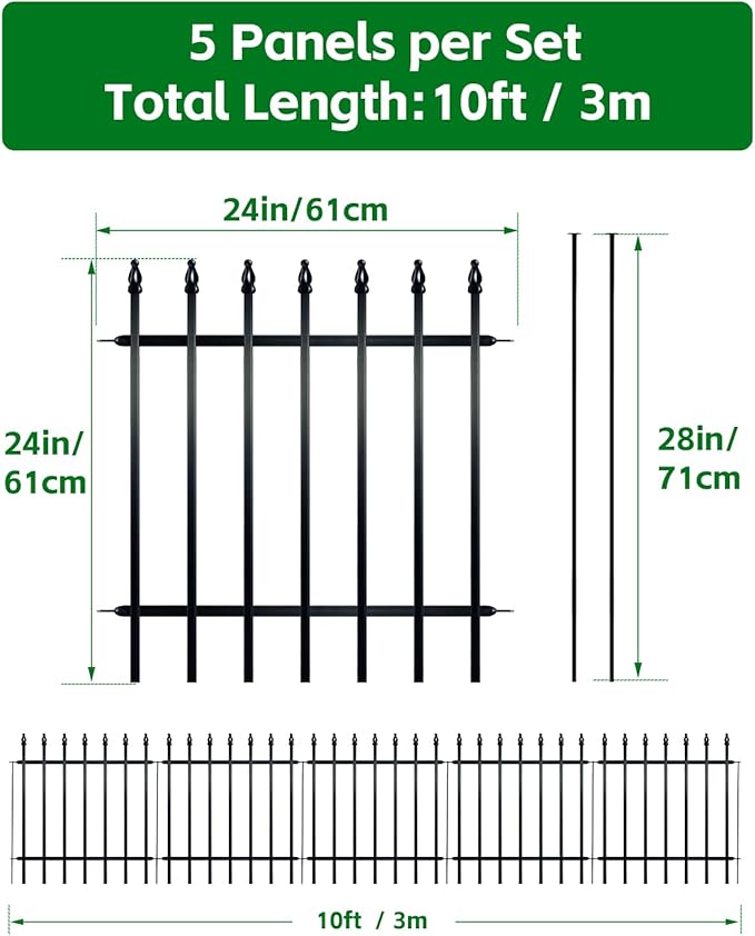 ARIFARO Metal Garden Fence 24" H x 24" W (5 Pack, Length 10 ft) Decorative Fencing, No Dig Border Fencing for Outdoor Patio Yard Flower Bed Animal Barrier