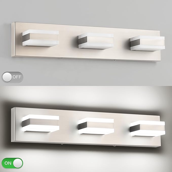 SOLFART Vanity Lighting Over Mirror, 3 Lights Brushed Nickel Bathroom Light, Modern LED Light Fixtures, 5 Color Temperature Adjustable Modern Light for Bathroom
