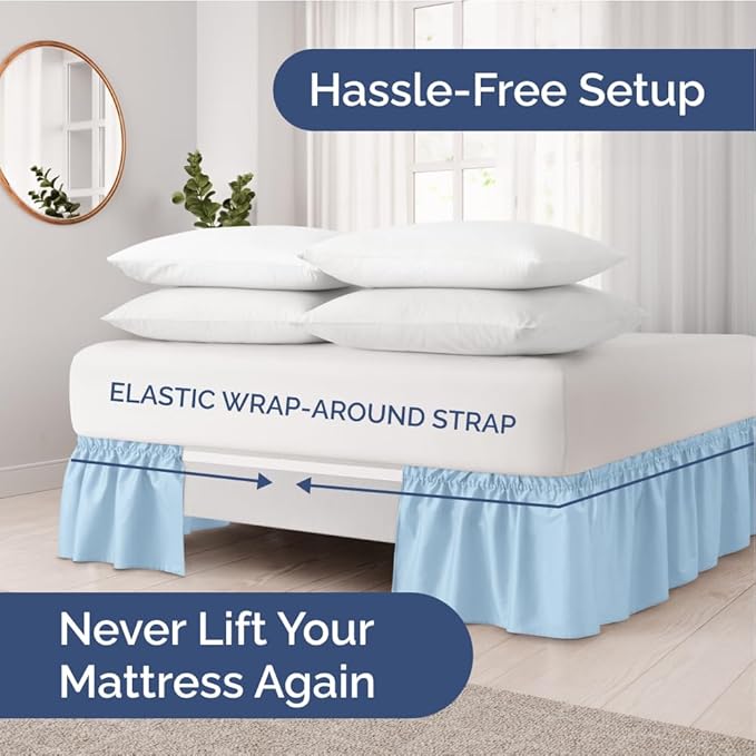 Wrap Around Dust Ruffle Bed Skirt - Light Blue - for Full Size Beds with 15 Inch Drop - Elastic Strap - Adjustable Pleated Bedskirt with Brushed Fabric and Wrinkle Free - for Women, Men, Kids & Teens