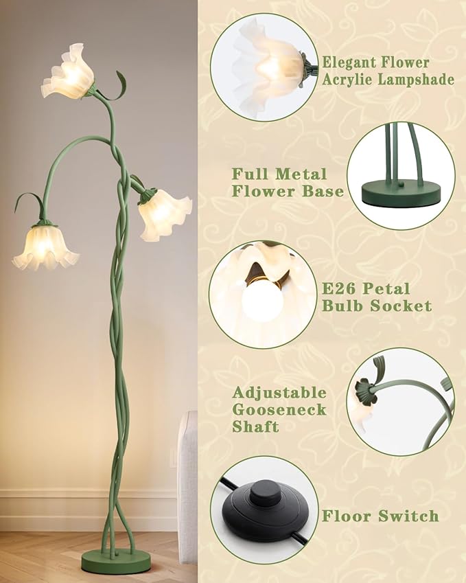 Flower Floor Lamp for Living Room,Tall Standing Reading Lamp with Flexible Neck,3 Color Temperatures LED Dimmable Decorative Light, Cute Floor Lamp for Bedroom Corner (Green)