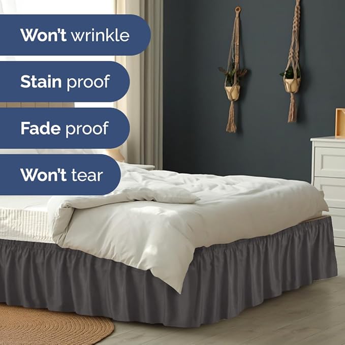 Wrap Around Dust Ruffle Bed Skirt - Charcoal - for Full Size Beds w/ 12 Inch Drop - Easy Fit Elastic Strap - Adjustable Pleated Bedskirt w/Brushed Fabric - Wrinkle Free - for Women, Men, Kids & Teens