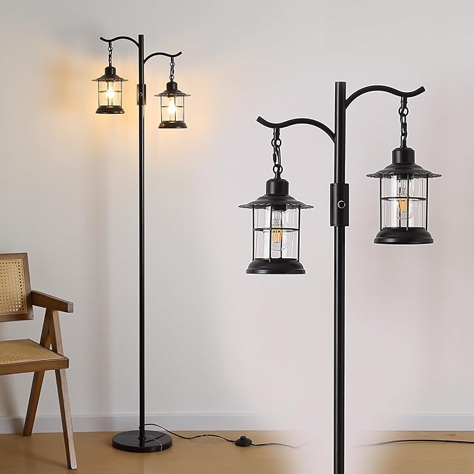 Industrial,Vintage Dimmable Floor Lamp,2 Classical Lanterns Standing Lamp, Rustic Farmhouse Floor Lamp with Black Finish