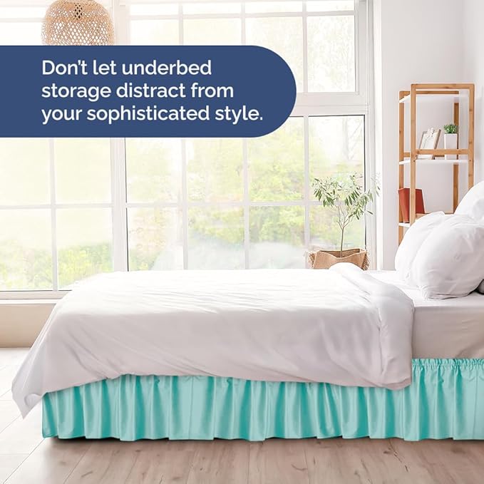 Wrap Around Dust Ruffle Bed Skirt - Spa Blue - for Queen Size Beds with 21 Inch Drop - Elastic Strap - Adjustable Pleated Bedskirt with Brushed Fabric and Wrinkle Free - for Women, Men, Kids & Teens