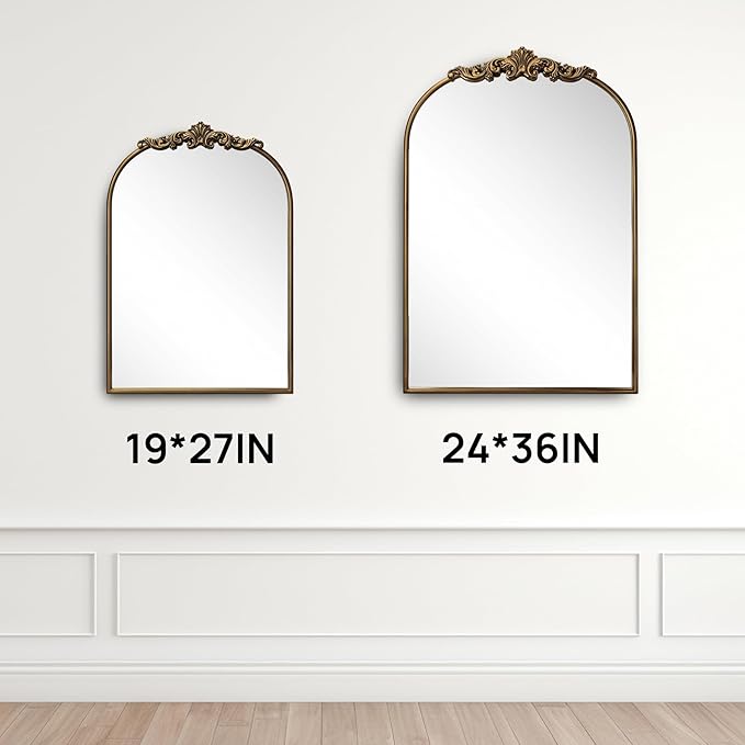 Vintage Baroque Gold Arched Mirror 24" x 36", Ornate Antique Wall Mirror with Metal Frame, Elegant Decorative for Entryway, Living Room, Bedroom, Hallway, or Bathroom Décor
