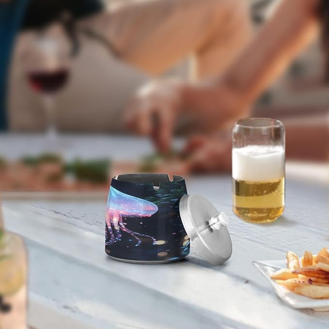 Jellyfish Ashtray with Lid, Outdoor Ashtrays for Patio, Stainless Steel Ashtray Odorless Smokeless for Home Office Balcony