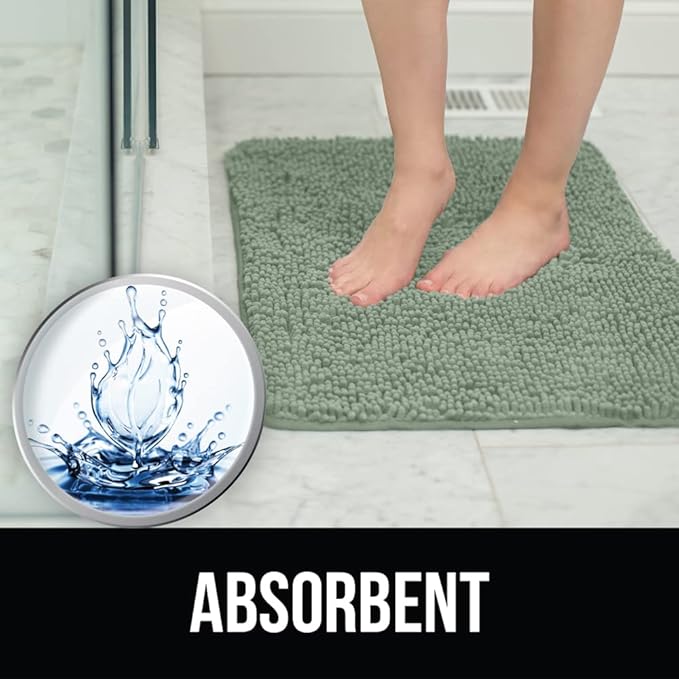 KANGAROO Bathroom Rugs, Chenille Soft Absorbent Bath Rug, Shaggy Shower Mat, Quick Dry Machine Wash Bathmat, Plush Carpet Mats for Tub, Bathtub and Room Home Decor Accessories, 60x24, Sage