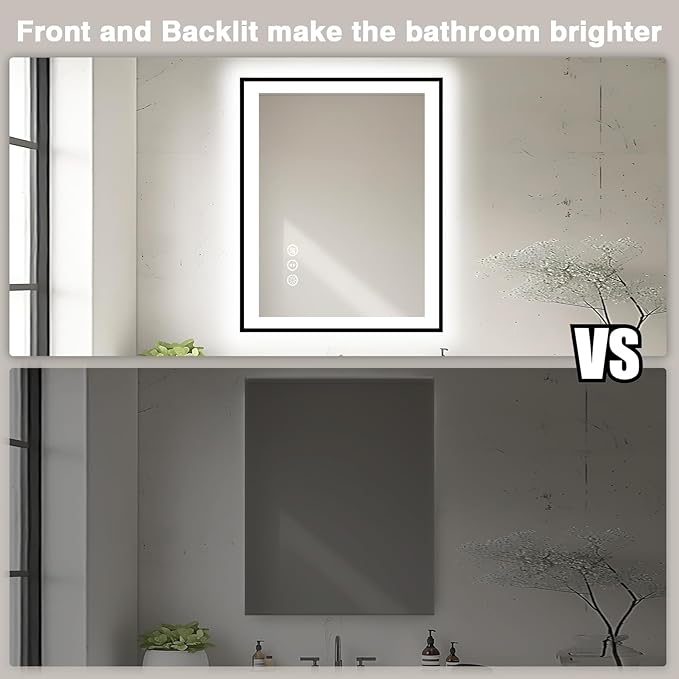 28x32 LED Bathroom Mirror - Black Aluminum Framed,Front and Backlit,Anti-Fog Framed Bathroom Vanity Mirror,3 Color Stepless Dimmable Lighted Smart Mirror(Horizontal/Vertical)