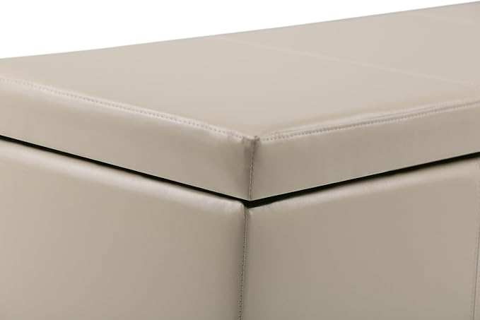SIMPLIHOME Avalon Storage Ottoman Bench - 48 inch Wide Upholstered Vegan Leather Rectangular Lift-Top Ottoman in Satin Cream, Contemporary Storage Bench for Living Room with High-Density Foam
