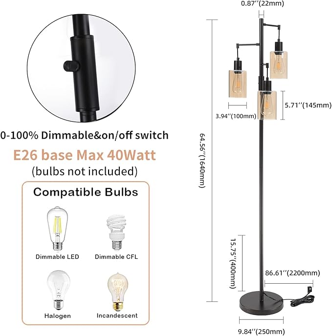 Farmhouse Floor Lamp, Dimmable Floor Lamp for Living Room, Rustic 3 Lights Oil Rubbed Bronze Tree Standing lamp, Vintage Tall Pole Lamp with Amber Glass Shade