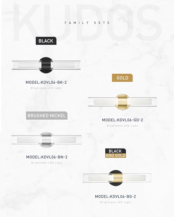 kudos Gold Bathroom Sconces Wall Lighting, Bathroom Vanity Light, Modern Wall Lights with Clear Glass and Frosted Glass,3000K/4500K/6000K Adjustable, KDVL06-GD-2