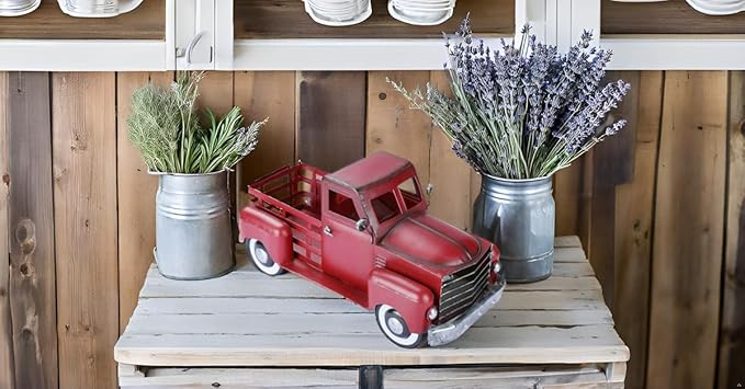 Metal Truck Decor,Farmhouse Truck Decor,Decorative Tabletop Storage & Pick-up Metal Truck Planter, 12.5" x 5.75" x 6.25" inches (Red)