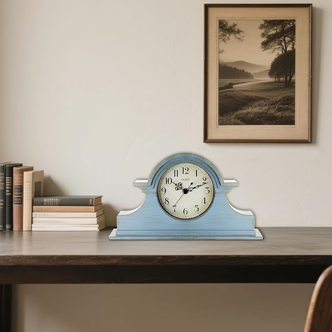 OCEST Vintage Farmhouse Mantel Clock - 13 x 7 Inch Quartz Gilt Finish Battery Operated, Contemporary Napoleon Classic Desk & Shelf Décor for Living Room Office Tabletop Bedside (Azure Blue)
