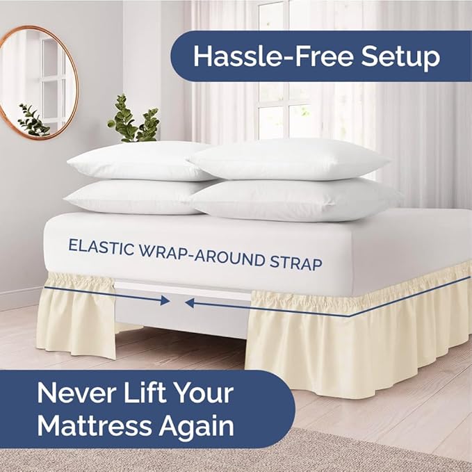 Wrap Around Dust Ruffle Bed Skirt - Off White - for King Size Beds w/ 15 Inch Drop - Easy Fit Elastic Strap - Adjustable Pleated Bedskirt w/Brushed Fabric - Wrinkle Free - Women, Men, Kids & Teens