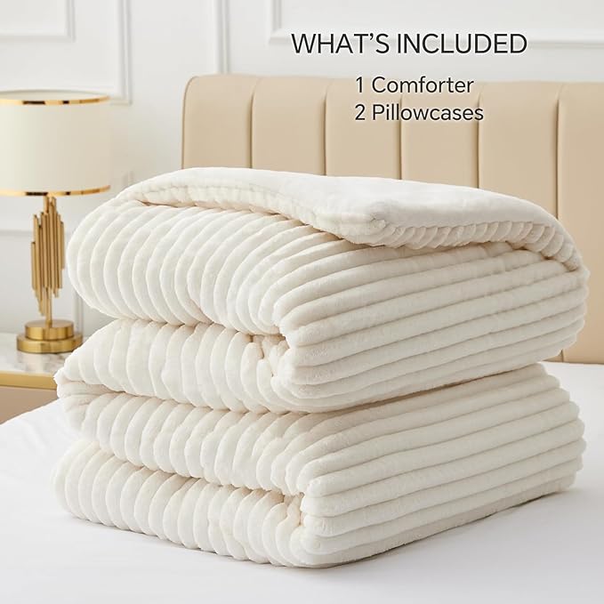 BEDELITE Fleece Oversized Queen Comforter Set -Super Soft & Warm Fluffy Cream White Bedding, Luxury Fuzzy Heavy Bed Set for Winter with 2 Pillow Cases
