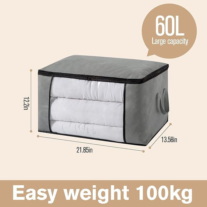 Large Storage Bags, Clothes Storage Bins Foldable Closet Organizers Storage Containers with Durable Handles Thick Fabric for Blanket Comforter Clothing Bedding(grey, 60L (4Pick)