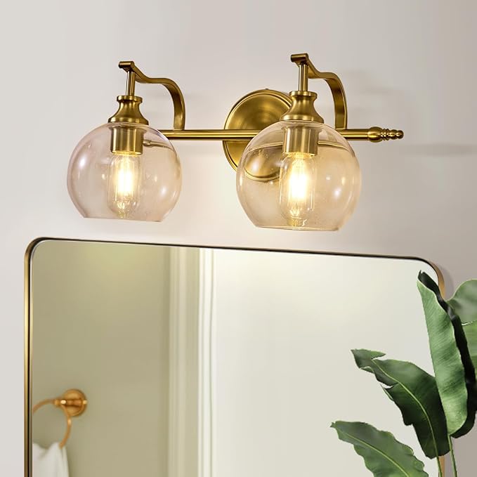 ANDY STAR Gold Bathroom Light Fixtures, 2-Light Brass Vanity Light, Modern Sconces with Globe Clear Lampshade, Farmhouse Bathroom Lighting Fixtures Over Mirror with Metal Lamp Body, E26 Base