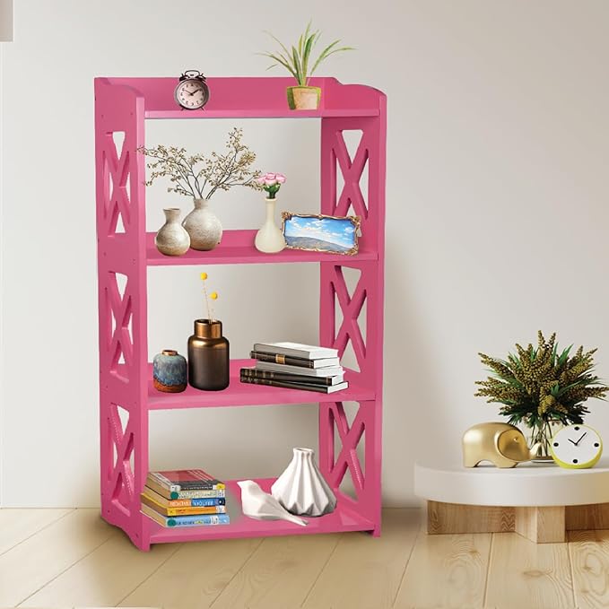 Pink Bookcase by Natural Wood, 4 Tier Bookshelf, Small Book Shelves Freestanding Display Storage Shelves. Open Bookshelf for Bedroom, Living Room and Office (Pink, 4 Tier)