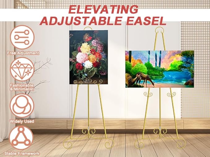 2 Pack Metal Round Tube Scroll Display Easel, Vintage Gold Decorative Large Adjustable Floor Standing Easel with Chain Support, Perfect for Showcasing Pictures, Artwork, Picture Frame Wedding Sign Etc