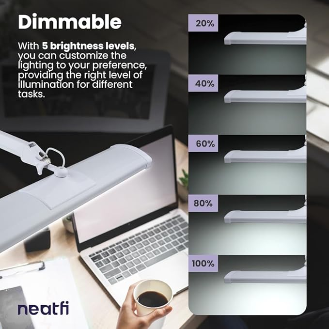 Neatfi LED Desk Lamp, 3,500 Lumens, 3 Light Modes, Dimmable, 45W, 26” Wide Shade, 540 SMD LEDs, Eye-Caring Task Lamp for Reading, Crafting, Workbench, Office (CCT with Clamp, White)